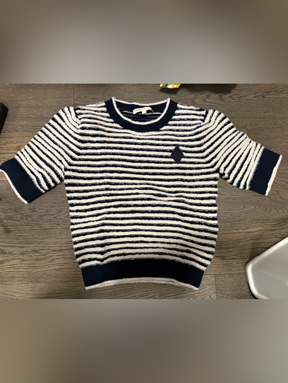 Maje Navy and White Striped Short-Sleeve Crew Sweater